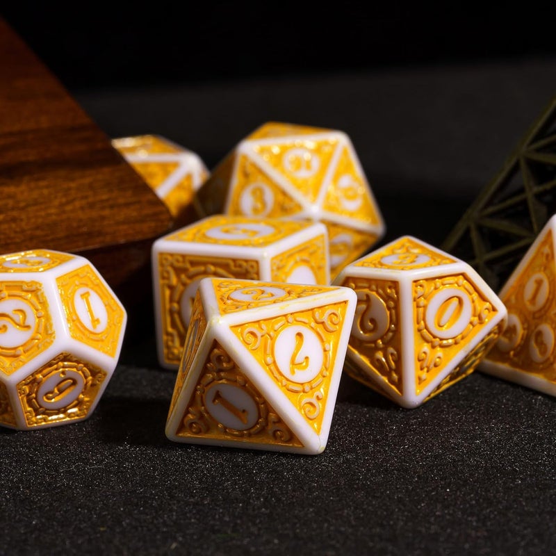 Poludie 7PCs DND Dice Set, Unique Window Lattice Pattern D&D Dice Set with Leather Die Bag, Polyhedral Die for RPG Table Games (Yellow/White) - Image 5